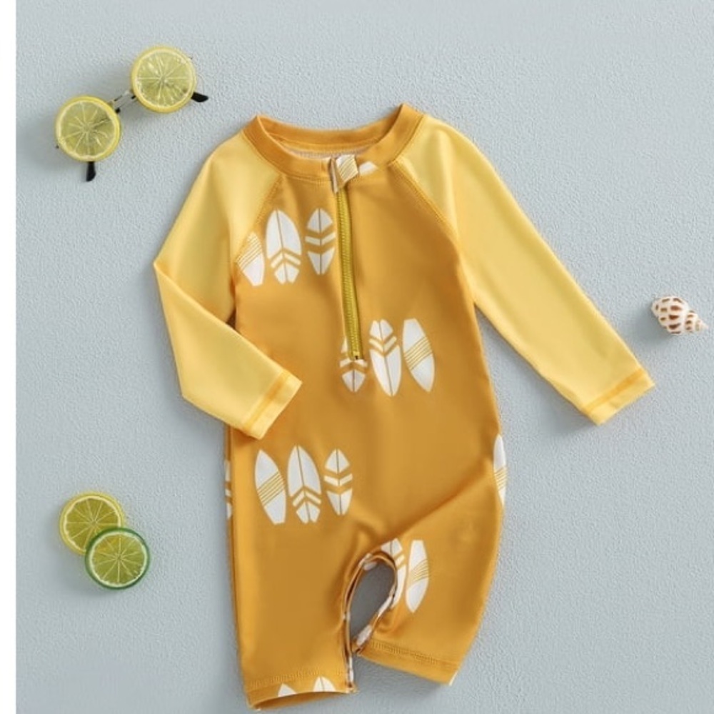 Modern moments Kids One Piece in Mustard and Cream rashguard 18m surfing